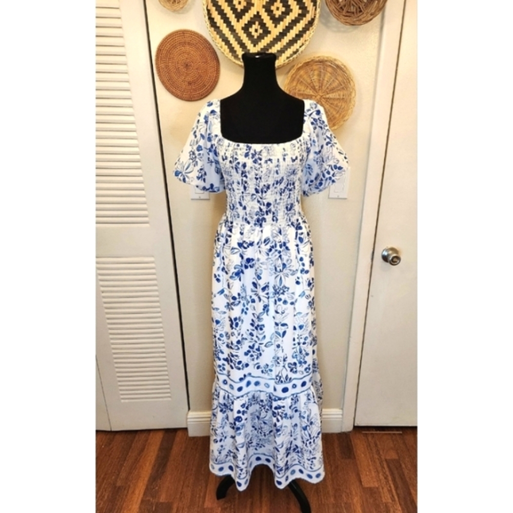 Floral Blue and White Off The Shoulder Maxi Dress With Ruching